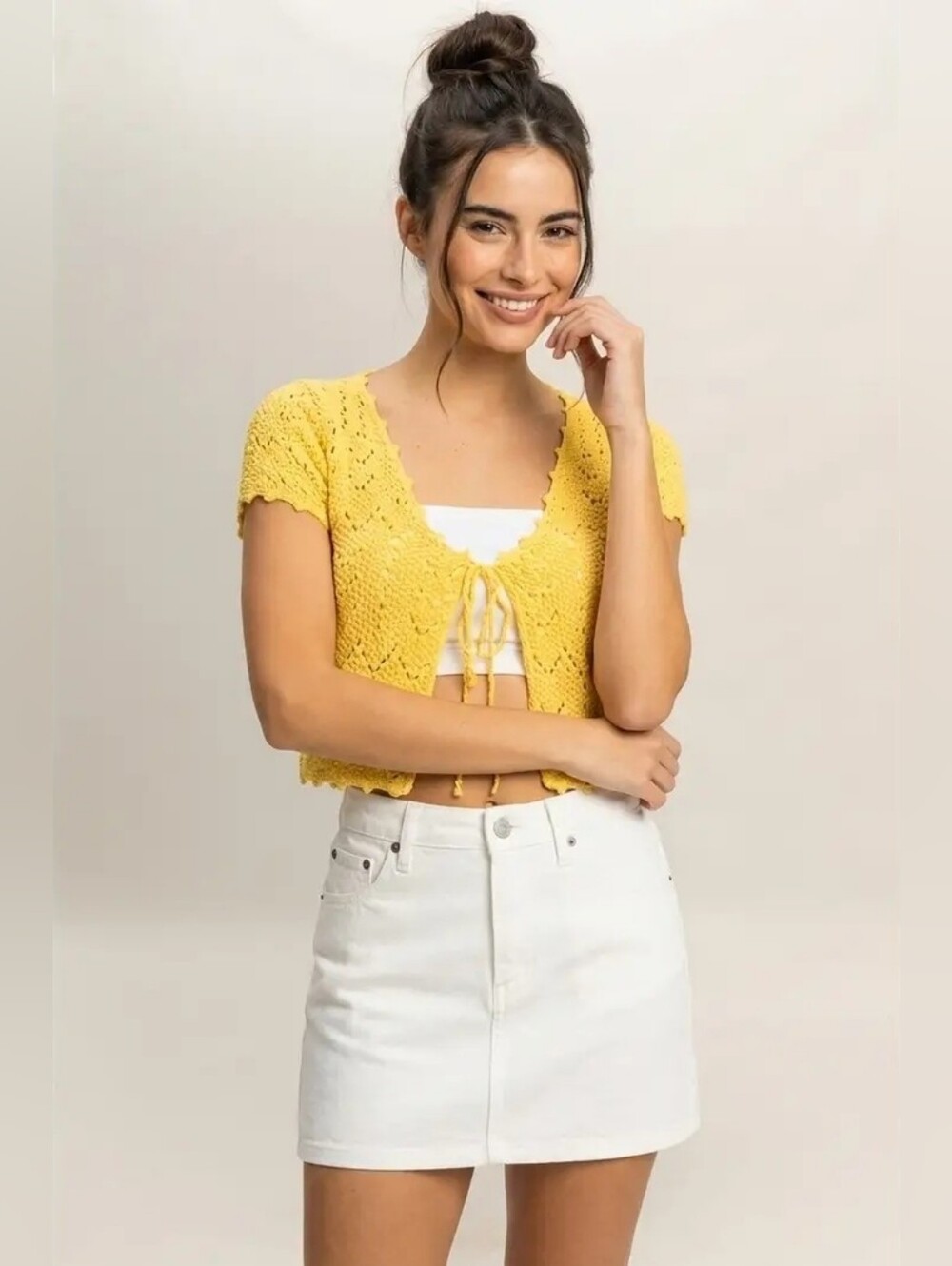 Pointelle Tie Front Knit Cardigan